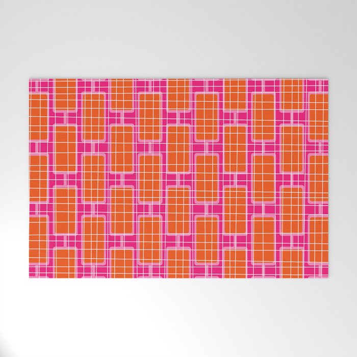 Mid Century Modern Woven Link Pattern Hot Pink and Orange Welcome Mat Gallery Image 1
