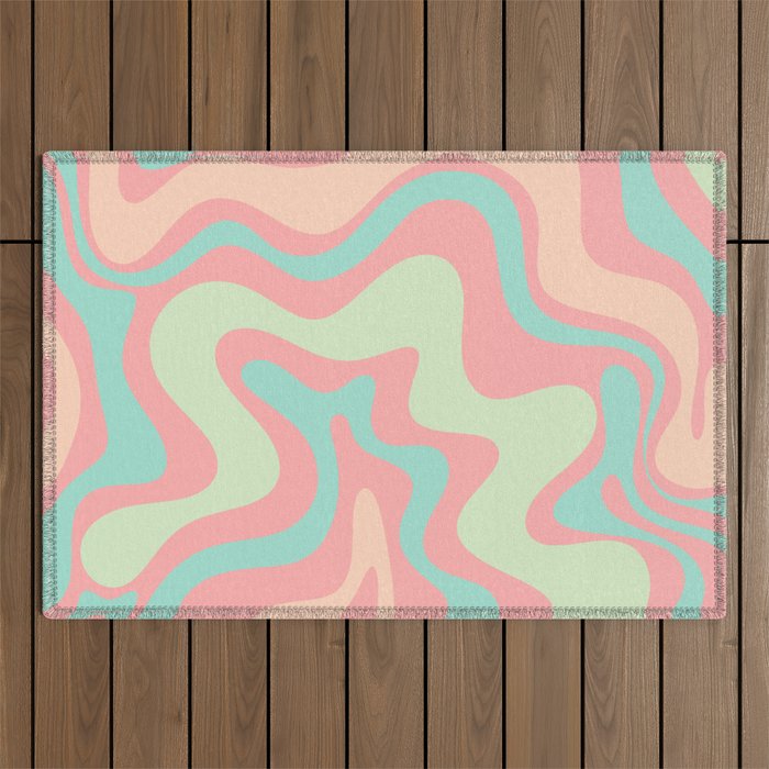 Retro Liquid Swirl Abstract Pattern in Pastel Sherbet Blush Pink and Mint Outdoor Rug Gallery Image 1