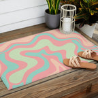 Retro Liquid Swirl Abstract Pattern in Pastel Sherbet Blush Pink and Mint Outdoor Rug Gallery Image 2