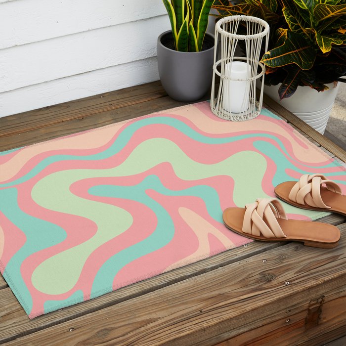 Retro Liquid Swirl Abstract Pattern in Pastel Sherbet Blush Pink and Mint Outdoor Rug Gallery Image 2