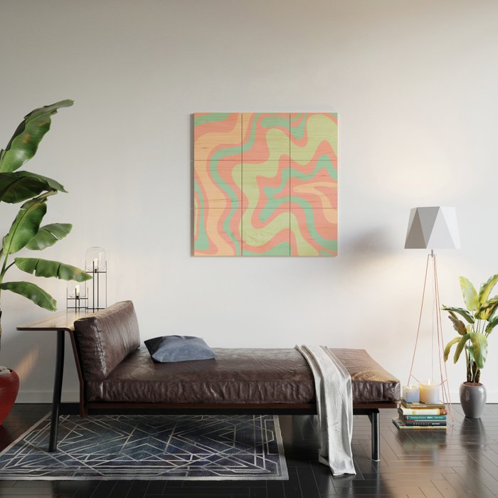 Retro Liquid Swirl Abstract Pattern in Pastel Sherbet Blush Pink and Mint Wood Wall Art Gallery Image 2