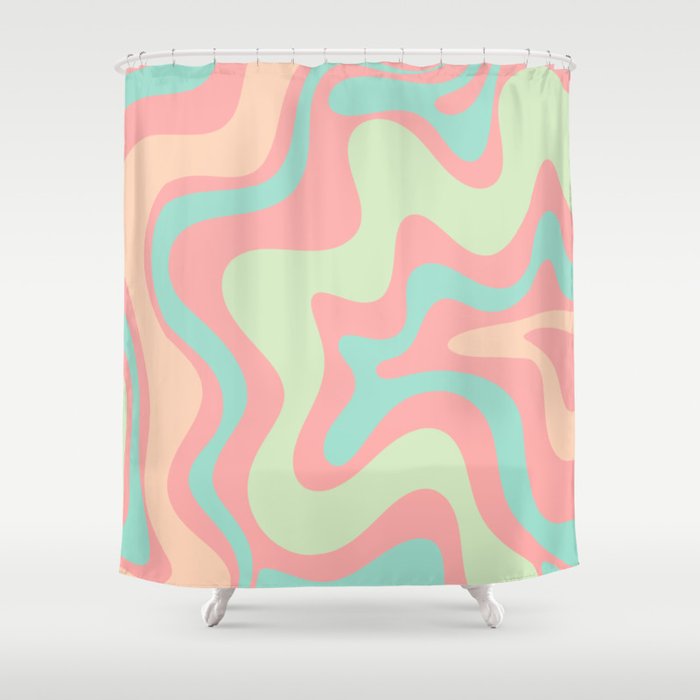 Retro Liquid Swirl Abstract Pattern in Pastel Sherbet Blush Pink and Mint Shower Curtain Gallery Image 1
