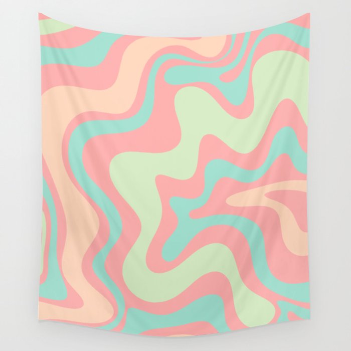 Retro Liquid Swirl Abstract Pattern in Pastel Sherbet Blush Pink and Mint Wall Tapestry Gallery Image 1