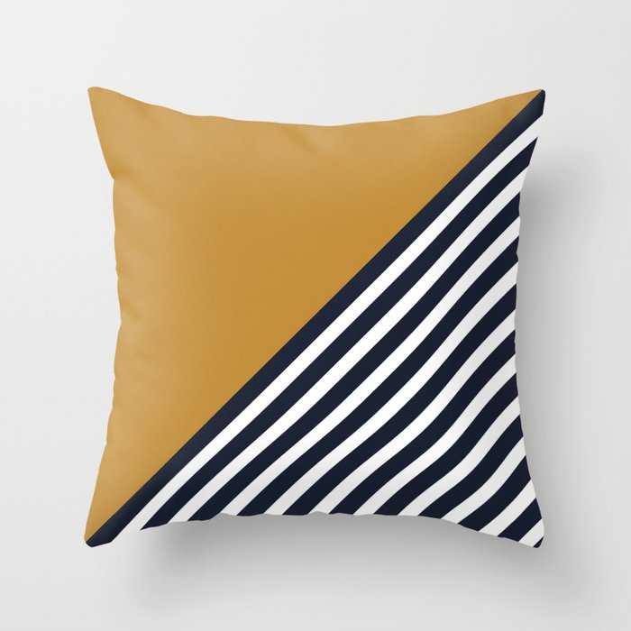 Color Block & Stripes Geometric Print, Mustard, Navy and White Throw Pillow Gallery Image 1