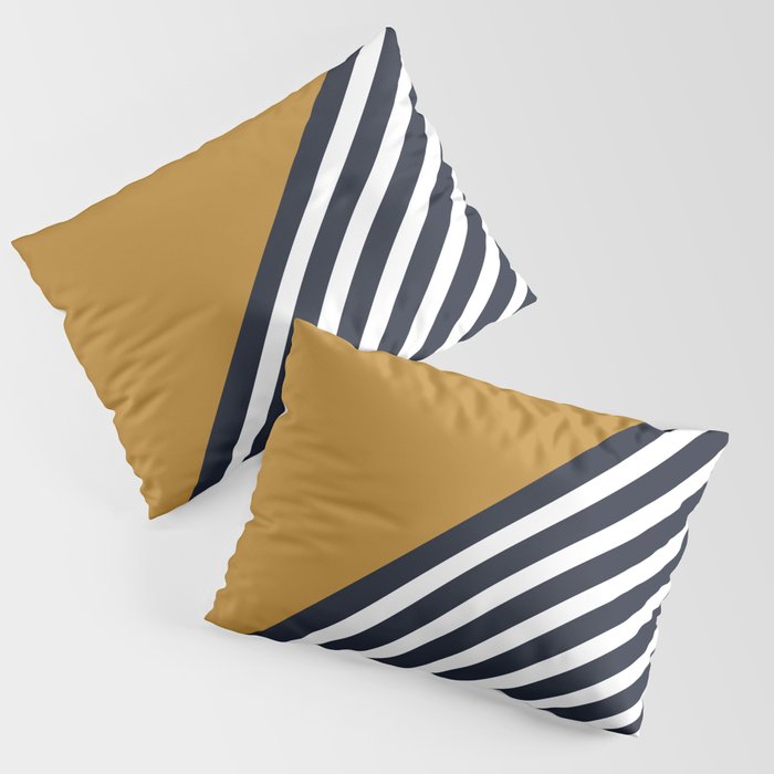 Color Block & Stripes Geometric Print, Mustard, Navy and White Pillow Sham Gallery Image 3