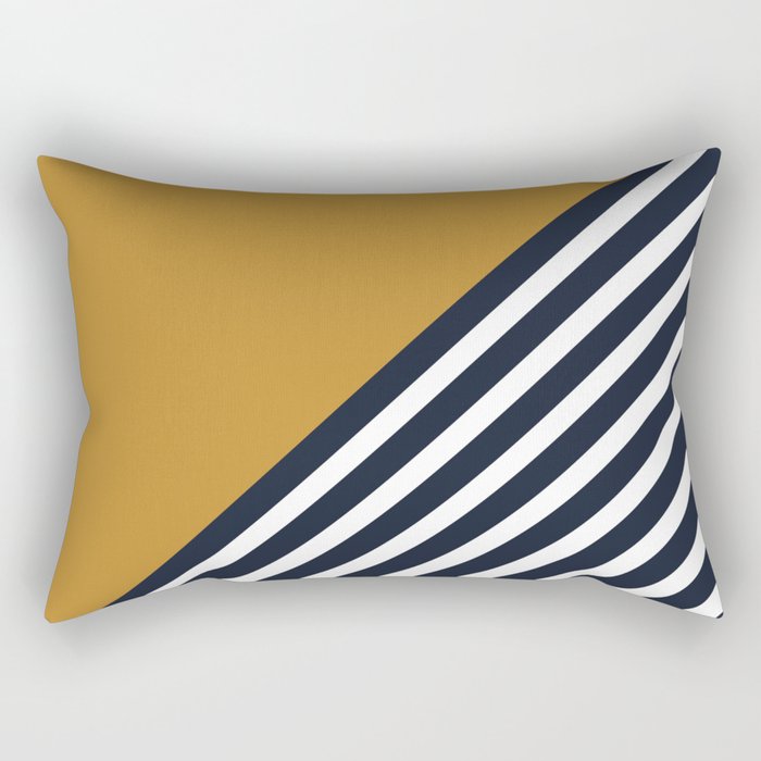 Color Block & Stripes Geometric Print, Mustard, Navy and White Rectangular Pillow Gallery Image 2