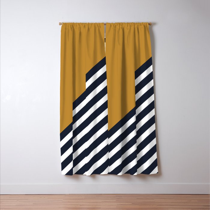 Color Block & Stripes Geometric Print, Mustard, Navy and White Window Curtain Gallery Image 3