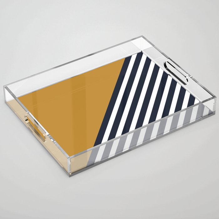 Color Block & Stripes Geometric Print, Mustard, Navy and White Acrylic Tray Gallery Image 1
