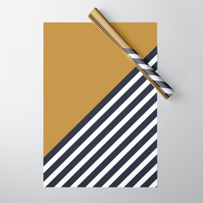 Color Block & Stripes Geometric Print, Mustard, Navy and White Wrapping Paper Gallery Image 1