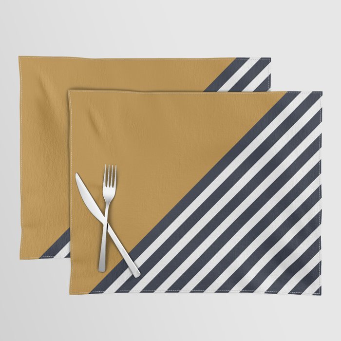 Color Block & Stripes Geometric Print, Mustard, Navy and White Placemat Gallery Image 1