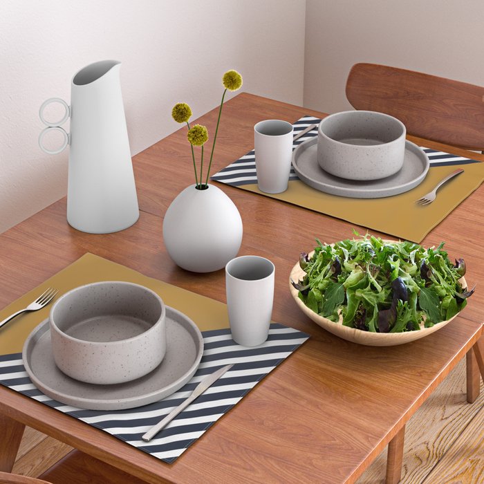 Color Block & Stripes Geometric Print, Mustard, Navy and White Placemat Gallery Image 2