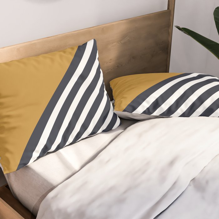 Color Block & Stripes Geometric Print, Mustard, Navy and White Pillow Sham Gallery Image 2