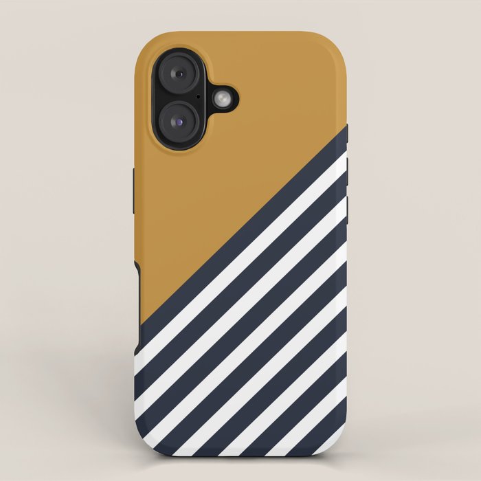 Color Block & Stripes Geometric Print, Mustard, Navy and White iPhone Case Gallery Image 1