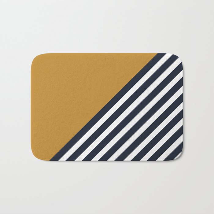 Color Block & Stripes Geometric Print, Mustard, Navy and White Bath Mat Gallery Image 1