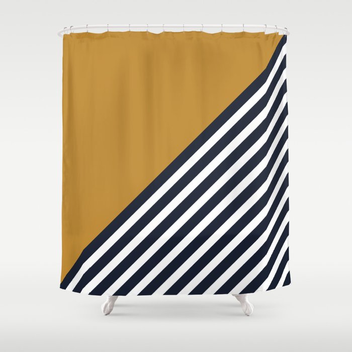 Color Block & Stripes Geometric Print, Mustard, Navy and White Shower Curtain Gallery Image 1