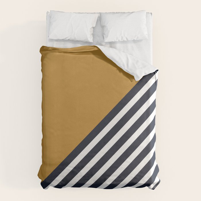 Color Block & Stripes Geometric Print, Mustard, Navy and White Duvet Cover Gallery Image 6