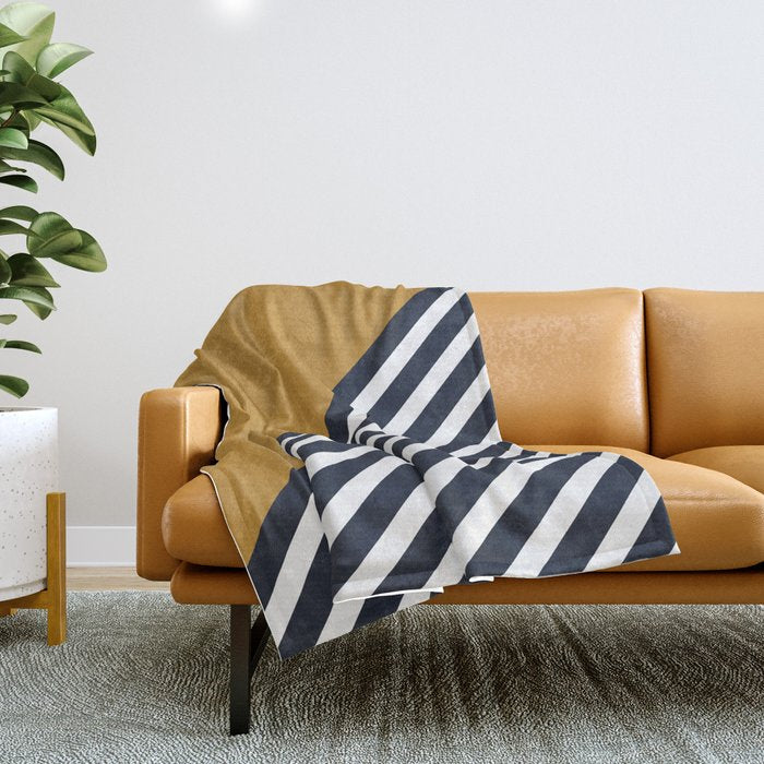 Color Block & Stripes Geometric Print, Mustard, Navy and White Throw Blanket Gallery Image 1