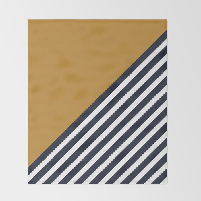 Color Block & Stripes Geometric Print, Mustard, Navy and White Throw Blanket Gallery Image 2