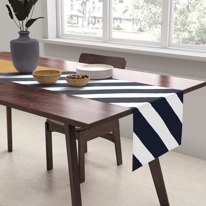 Color Block & Stripes Geometric Print, Mustard, Navy and White Table Runner Gallery Image 2