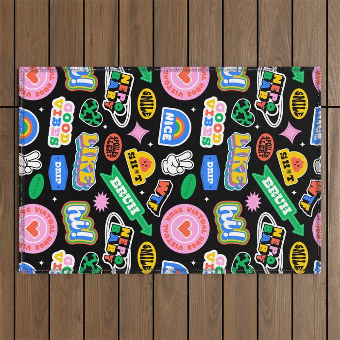 Retro cartoon sticker label pattern Outdoor Rug Gallery Image 1