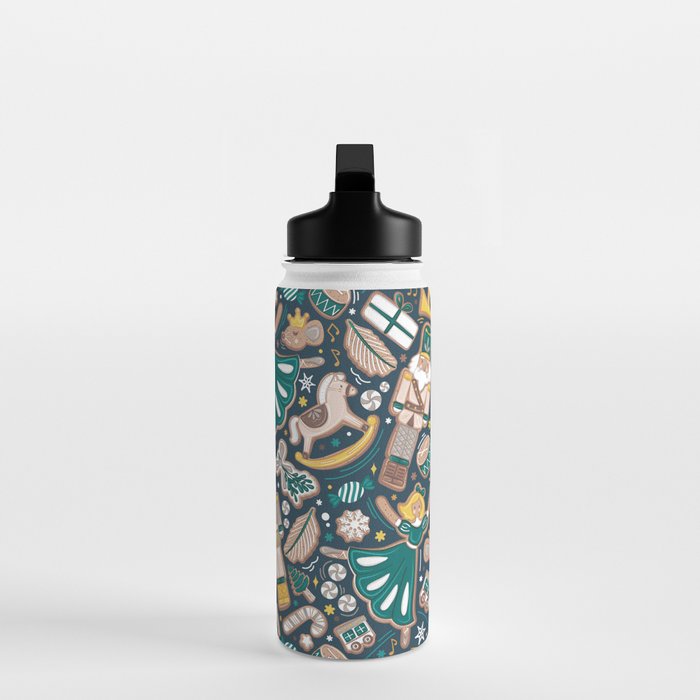 Nutcracker ballet gingerbread delicious biscuits // nile blue background beige forest and pine green sweet Christmas cookies Water Bottle Gallery Image 3