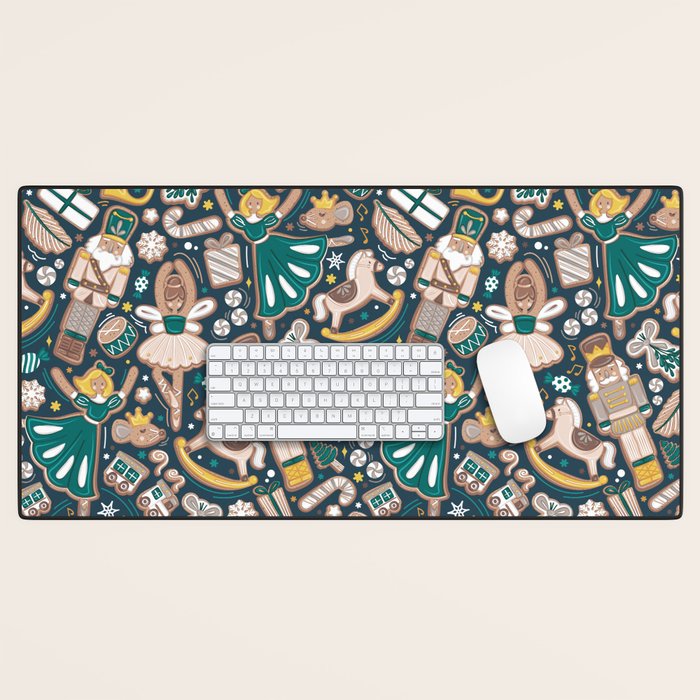 Nutcracker ballet gingerbread delicious biscuits // nile blue background beige forest and pine green sweet Christmas cookies Desk Mat Gallery Image 1