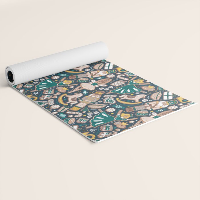 Nutcracker ballet gingerbread delicious biscuits // nile blue background beige forest and pine green sweet Christmas cookies Yoga Mat Gallery Image 2