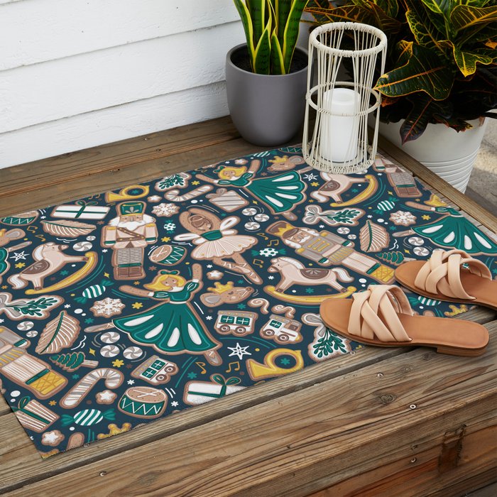Nutcracker ballet gingerbread delicious biscuits // nile blue background beige forest and pine green sweet Christmas cookies Outdoor Rug Gallery Image 2
