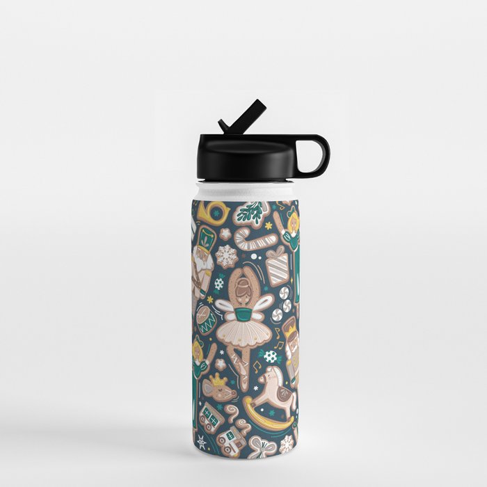Nutcracker ballet gingerbread delicious biscuits // nile blue background beige forest and pine green sweet Christmas cookies Water Bottle Gallery Image 1