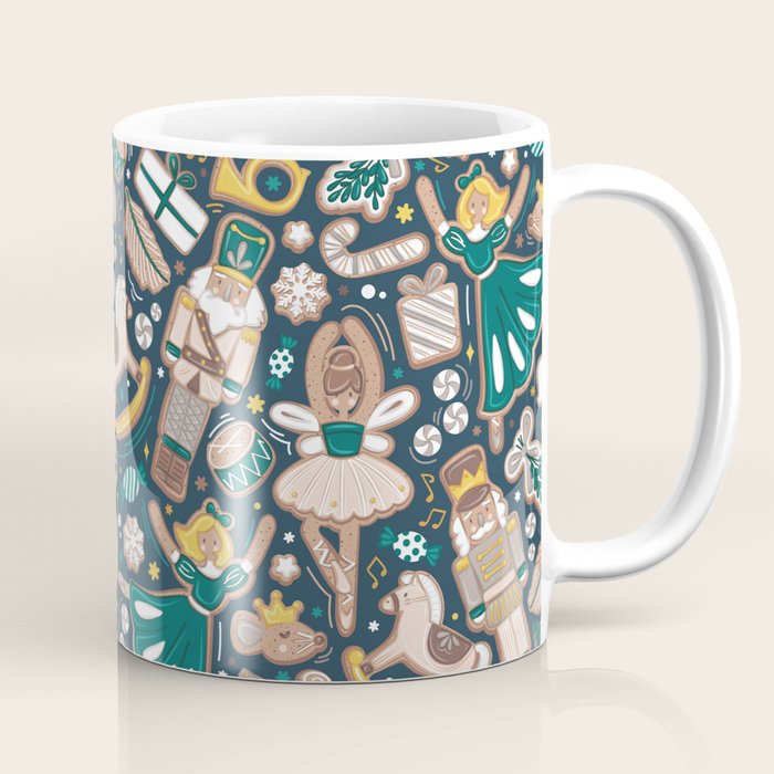 Nutcracker ballet gingerbread delicious biscuits // nile blue background beige forest and pine green sweet Christmas cookies Coffee Mug Gallery Image 1