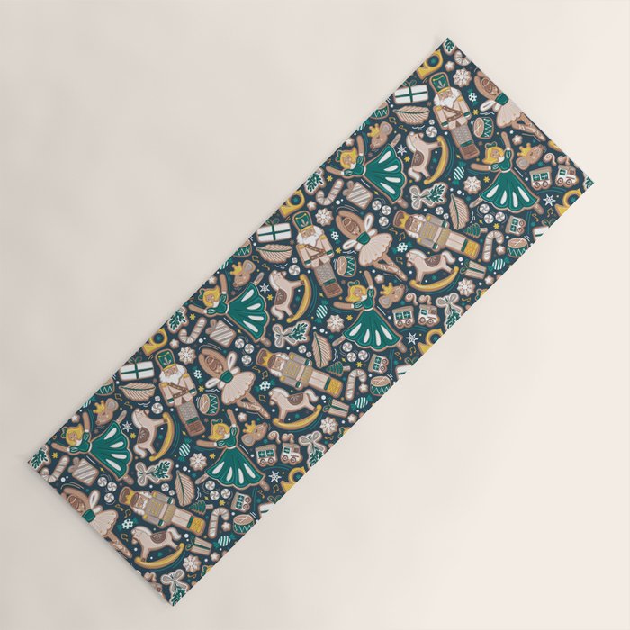 Nutcracker ballet gingerbread delicious biscuits // nile blue background beige forest and pine green sweet Christmas cookies Yoga Mat Gallery Image 1