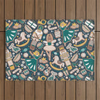 Nutcracker ballet gingerbread delicious biscuits // nile blue background beige forest and pine green sweet Christmas cookies Outdoor Rug Gallery Image 1