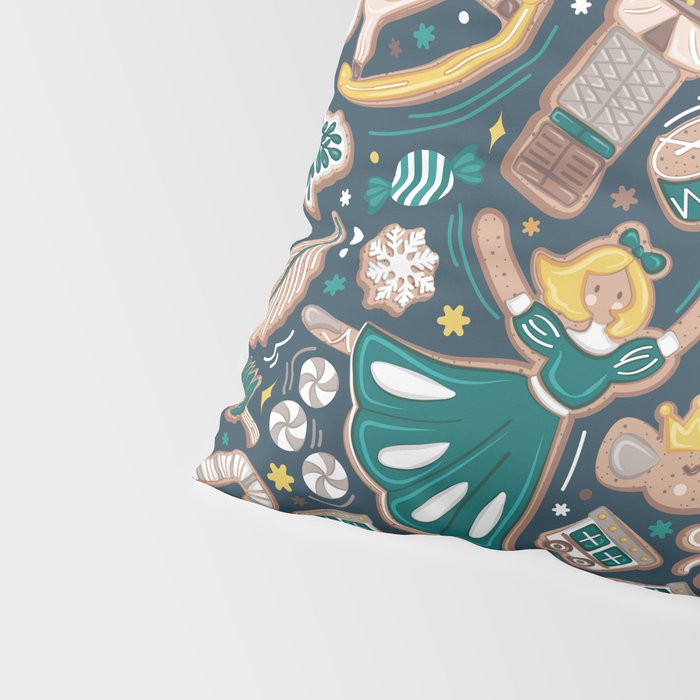 Nutcracker ballet gingerbread delicious biscuits // nile blue background beige forest and pine green sweet Christmas cookies Pillow Sham Gallery Image 4