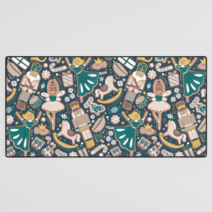 Nutcracker ballet gingerbread delicious biscuits // nile blue background beige forest and pine green sweet Christmas cookies Desk Mat Gallery Image 3
