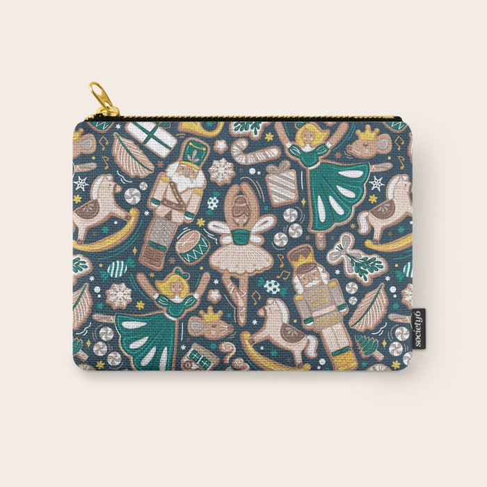 Nutcracker ballet gingerbread delicious biscuits // nile blue background beige forest and pine green sweet Christmas cookies Carry All Pouch Gallery Image 1