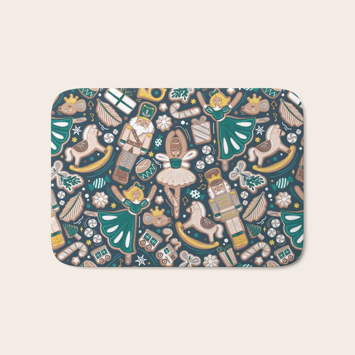 Nutcracker ballet gingerbread delicious biscuits // nile blue background beige forest and pine green sweet Christmas cookies Bath Mat Gallery Image 1