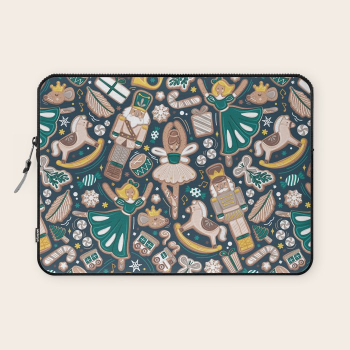 Nutcracker ballet gingerbread delicious biscuits // nile blue background beige forest and pine green sweet Christmas cookies Laptop Sleeve Gallery Image 1