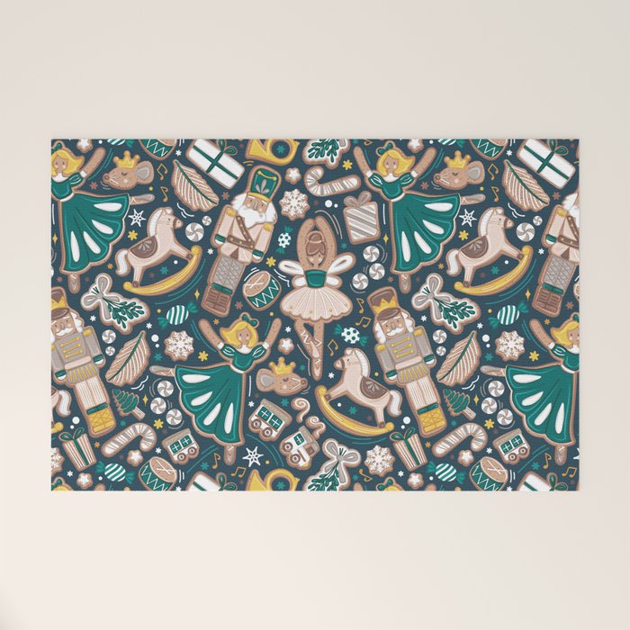 Nutcracker ballet gingerbread delicious biscuits // nile blue background beige forest and pine green sweet Christmas cookies Welcome Mat Gallery Image 1
