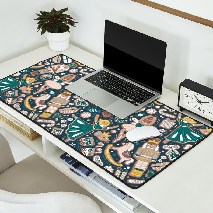 Nutcracker ballet gingerbread delicious biscuits // nile blue background beige forest and pine green sweet Christmas cookies Desk Mat Gallery Image 2