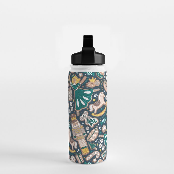 Nutcracker ballet gingerbread delicious biscuits // nile blue background beige forest and pine green sweet Christmas cookies Water Bottle Gallery Image 2