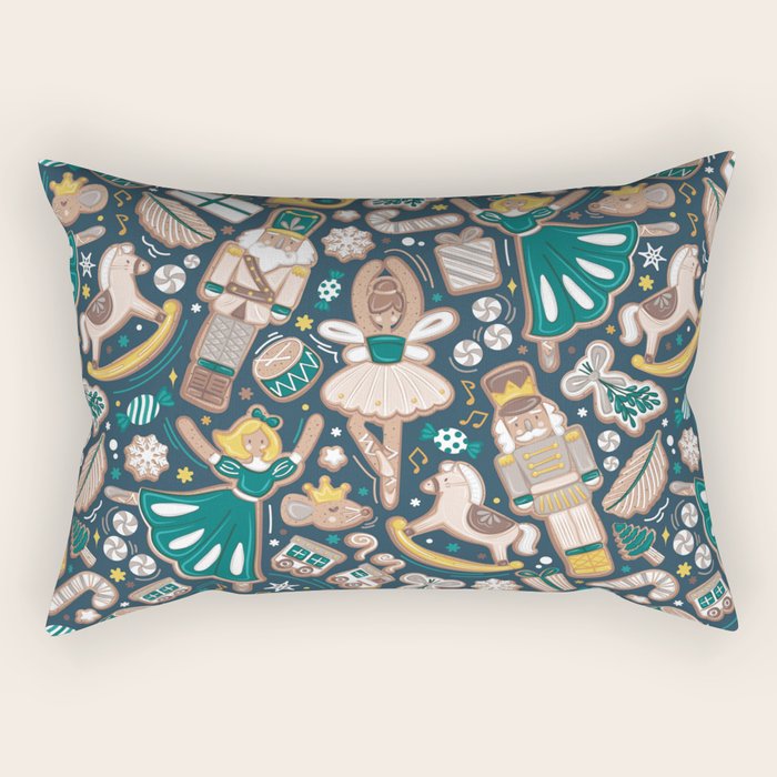 Nutcracker ballet gingerbread delicious biscuits // nile blue background beige forest and pine green sweet Christmas cookies Rectangular Pillow Gallery Image 1