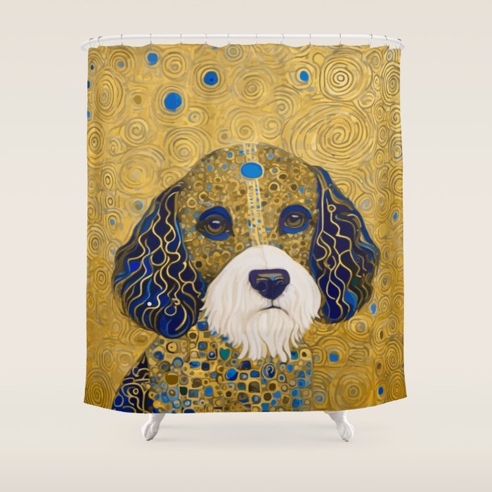 Klimt Dog with Colorful Ears Shower Curtain Gallery Image 1
