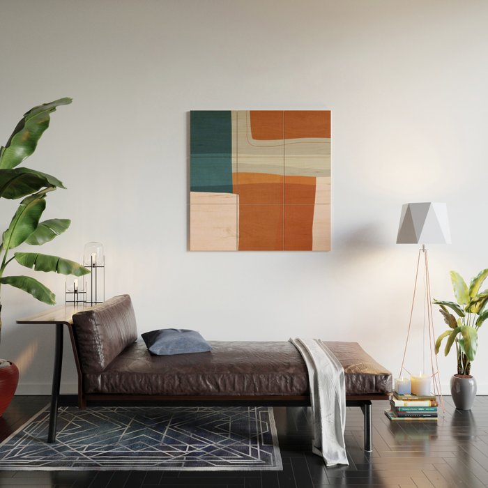 Abstract MCM Navy Burnt Orange Beige Blush Wood Wall Art Gallery Image 2