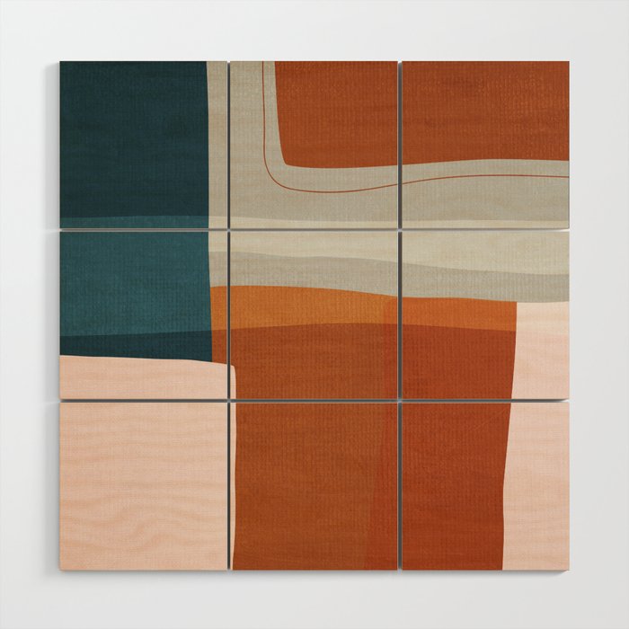 Abstract MCM Navy Burnt Orange Beige Blush Wood Wall Art Gallery Image 1