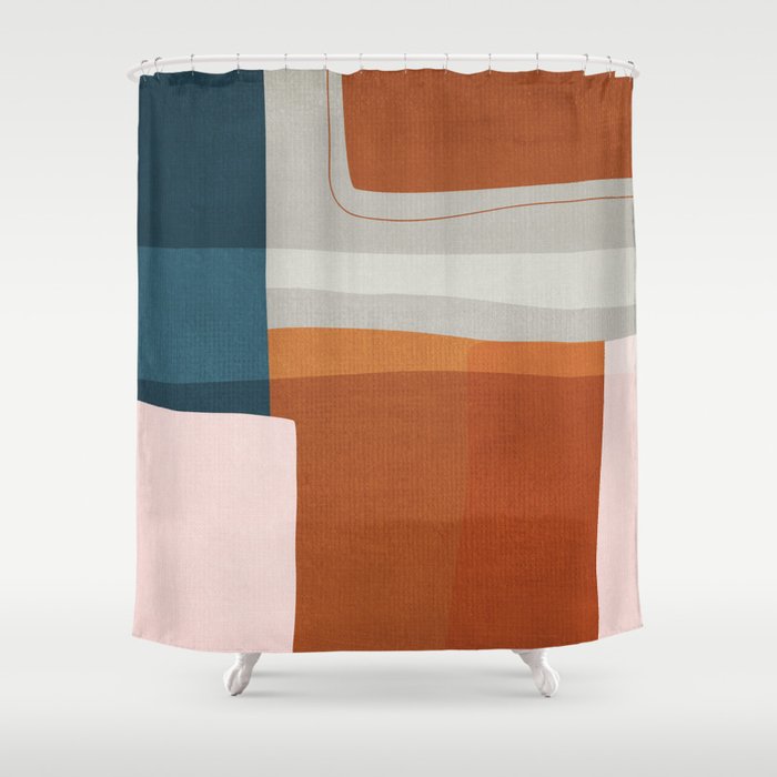 Abstract MCM Navy Burnt Orange Beige Blush Shower Curtain Gallery Image 1