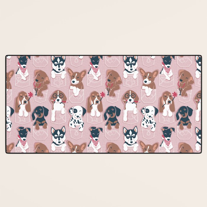 Pure love pockets I // blush pink background Dachshund Beagle Dalmatian Basset Hound Labrador Retriever Husky Welsh Corgi and Italian Greyhound dog puppies Desk Mat Gallery Image 3