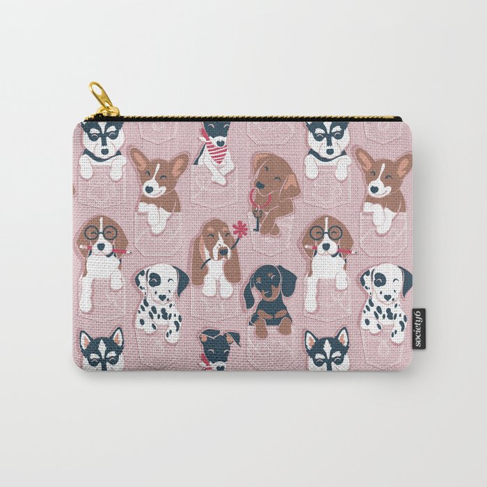 Pure love pockets I // blush pink background Dachshund Beagle Dalmatian Basset Hound Labrador Retriever Husky Welsh Corgi and Italian Greyhound dog puppies Carry All Pouch Gallery Image 1