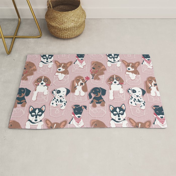 Pure love pockets I // blush pink background Dachshund Beagle Dalmatian Basset Hound Labrador Retriever Husky Welsh Corgi and Italian Greyhound dog puppies Rug Gallery Image 1