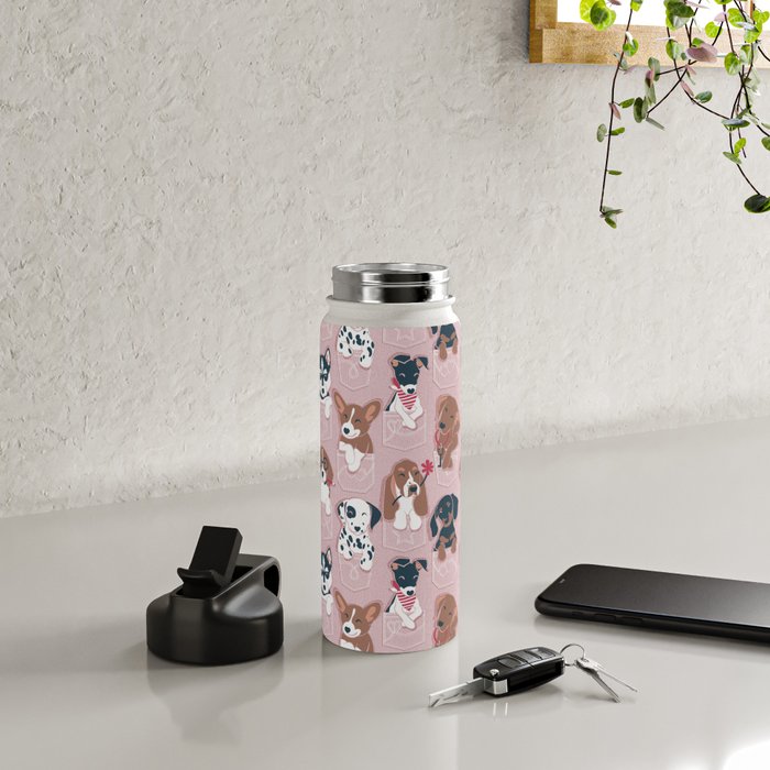 Pure love pockets I // blush pink background Dachshund Beagle Dalmatian Basset Hound Labrador Retriever Husky Welsh Corgi and Italian Greyhound dog puppies Water Bottle Gallery Image 4