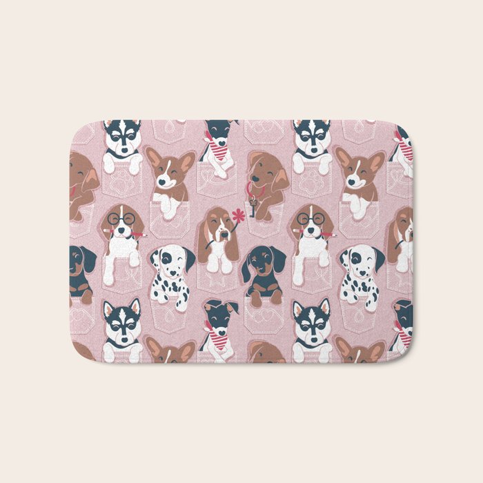 Pure love pockets I // blush pink background Dachshund Beagle Dalmatian Basset Hound Labrador Retriever Husky Welsh Corgi and Italian Greyhound dog puppies Bath Mat Gallery Image 1